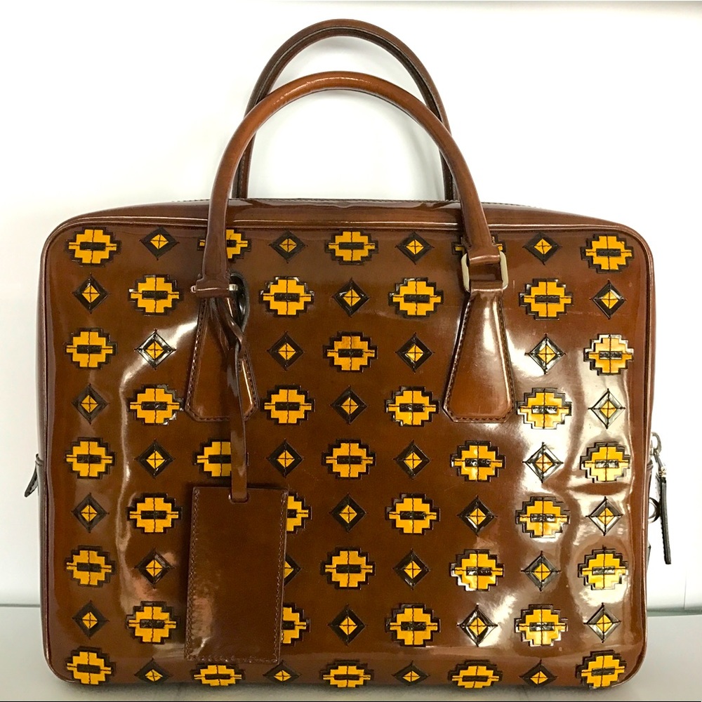 PRADA Men’s Appliqué Spazzolato Tobacco Fume Patent Leather briefcase